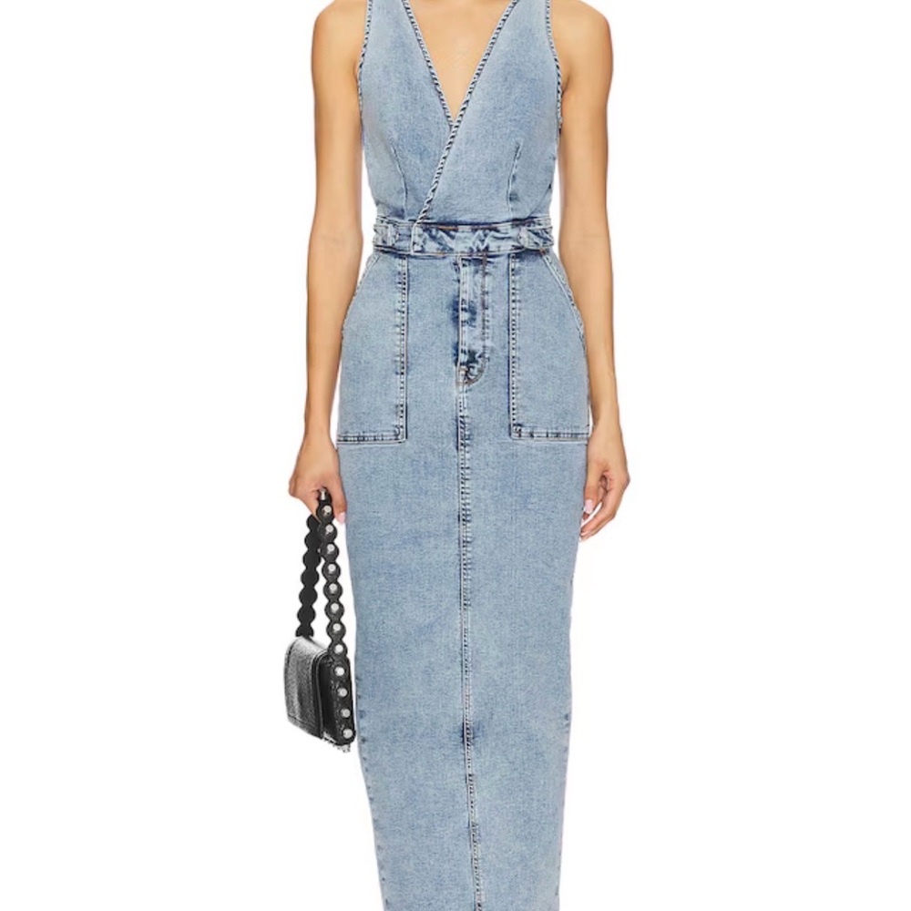 Good American Light Blue Denim Maxi Dress with Tie Waist